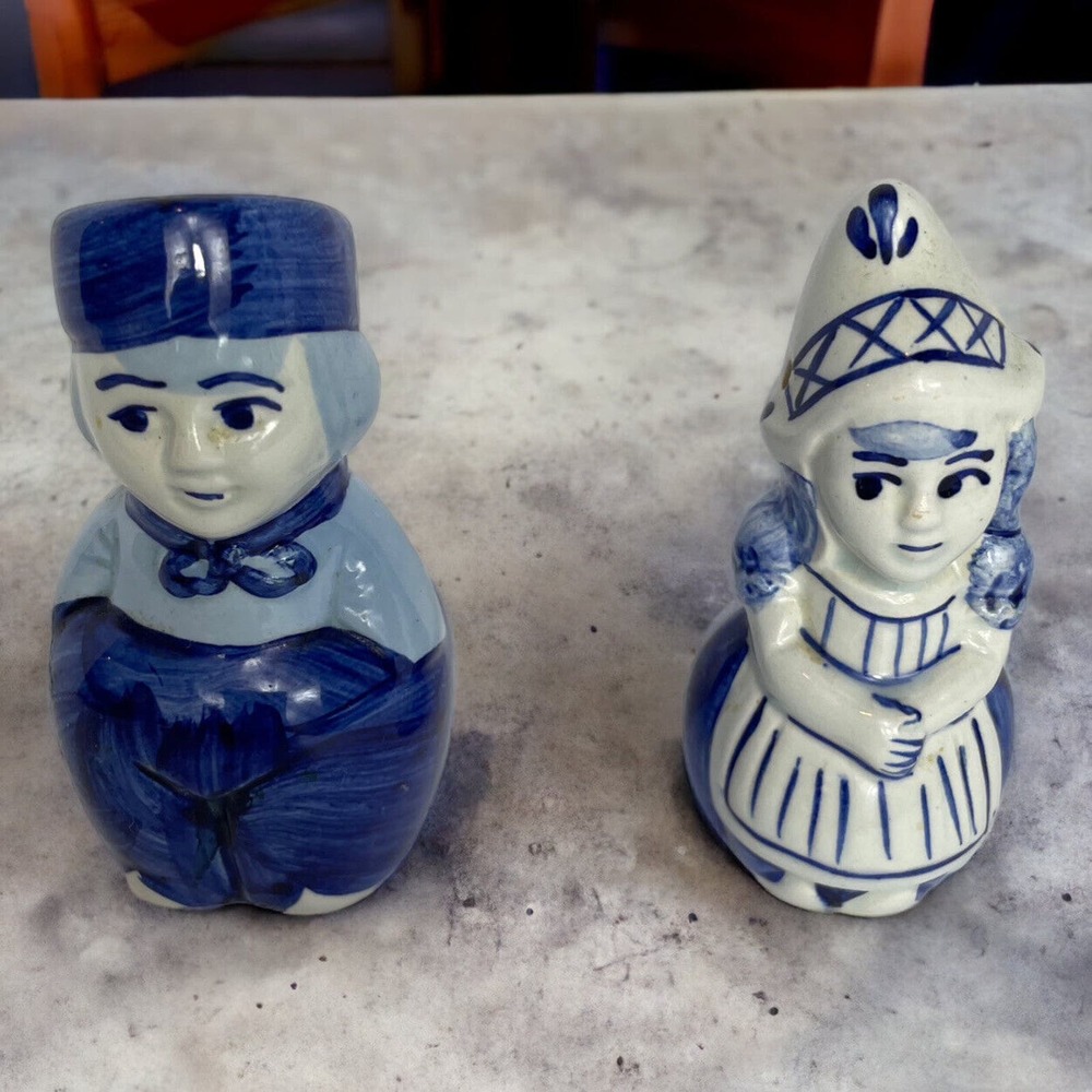 Blue & White Delft Miniature Boy & Girl Salt Pepper Shakers Vintage